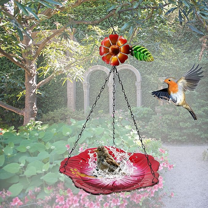 Hanging Bird Bath Glass BirdBath Hummingbird Outdoor Bird Feeder Garden Yard Decorations