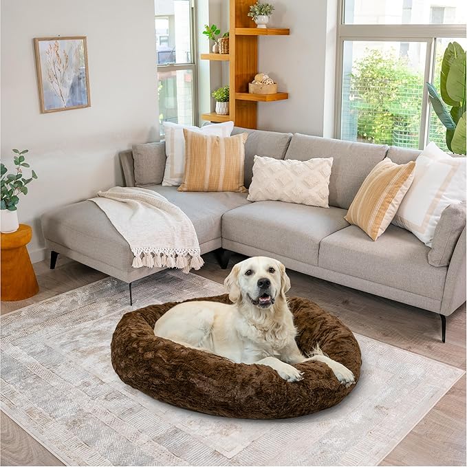 Best Friends by Sheri Bundle Set The Original Calming Lux Donut Cuddler Cat and Dog Bed + Pet Throw Blanket, Dark Chocolate, Large, 36x36