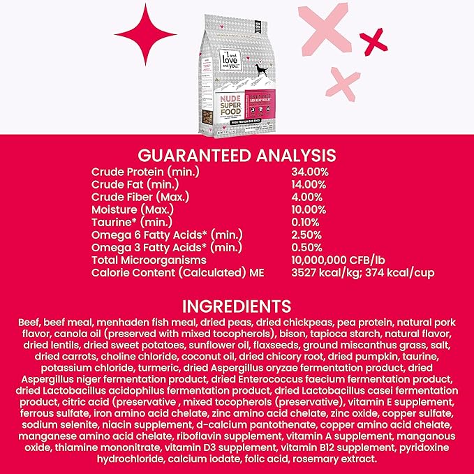 I and love and you Nude Super Food Dry Dog Food - Red Meat Medley - Prebiotic + Probiotic, Grain Free, Real Meat, No Fillers, 5lb Bag