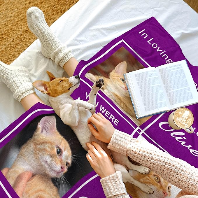 Customized Blanket with Photos Name, Personalized Blanket with Picture in Memory of Cats, Pet Memorial Gifts for Cats, Bereavement Sympathy Gift for Pet Lovers