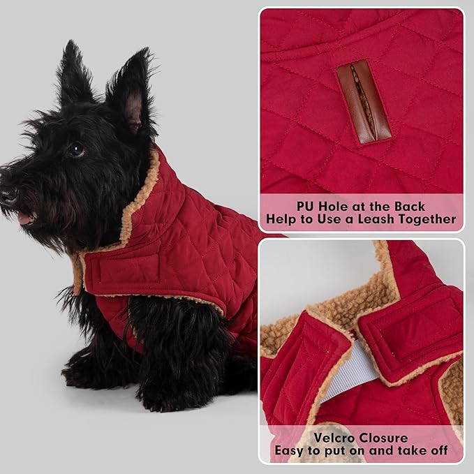 azuza Dog Jacket for Large Dogs Waterproof & Windproof Dog Coat for Small Dogs with Thick Fleece, High Collar with Leash Hole, Adjustable Velcro & Elastic Belly, Red 3XL