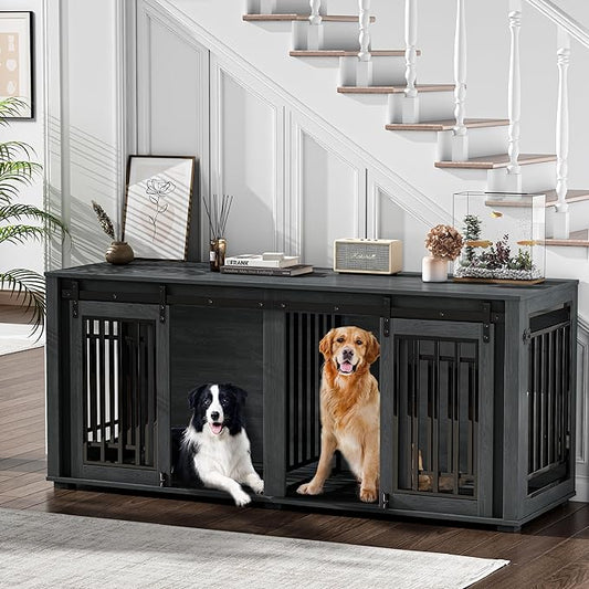 Large Dog Crate Furniture for 2 Dogs, Upgrade 71" Pro XXL Sliding Door Heavy Duty Dog Kennel Furniture with Divider, Steel Frame Indoor Double Dog Crate for Large Medium Small Dogs, Dark Black