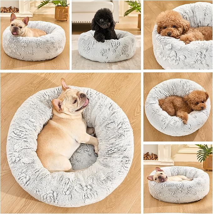 Dog Calming Beds for Small Medium Large Dogs - Round Donut Washable Puppy Dog Bed, Anti-Slip Faux Fur Fluffy Donut Cuddle Anxiety Cat Pet Bed (32" Rose)