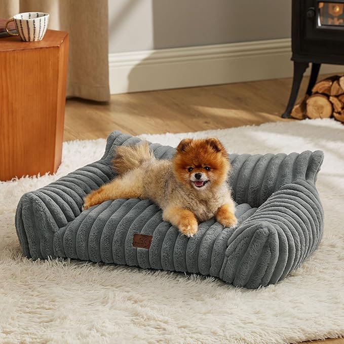 Bedsure Cute Cat Couch for Pets - Fluffy Small Dog Sofa with Premium Soft Corduroy Fleece, Pet Sofa with Removable Washable Cover, Supportive Dog Couch Bed for Small Medium Dogs, 30inch, Warm Grey