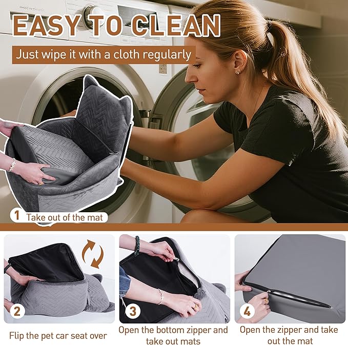 Dog Car Seat for Small Medium Dog up to 30 lbs with Waterproof PU Cover Pet Car Booster Seat with Memory Foam for Travel, Grey, 2 Safety Belt