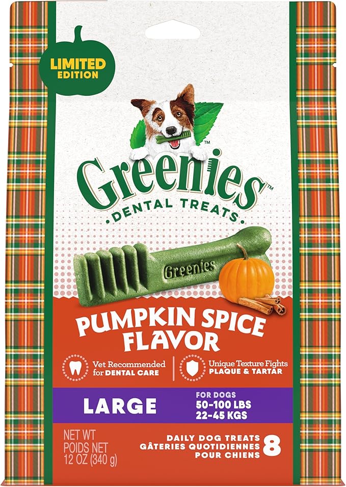 Greenies Large Dental Dog Treats, Pumpkin Spice Flavor, Limited Edition, 12 oz. Pack (8 Treats)