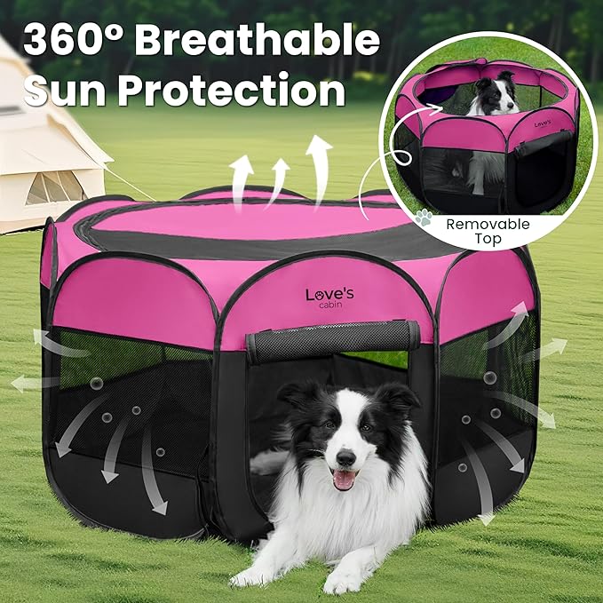 Love's cabin Pet Puppy Dog Playpen, Medium Dog Tent Crates Cage Indoor/Outdoor, Portable Playpen for Cat, Foldable Pop Up Dog Kennel Playpen with Carring Case, Removable Zipper Top, Pink
