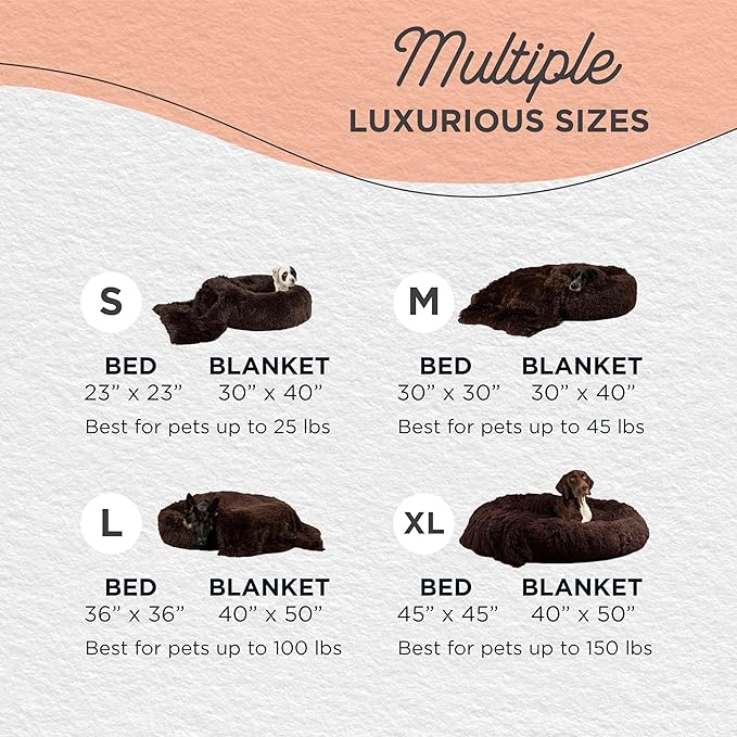 Best Friends by Sheri Bundle Set The Original Calming Shag Donut Cuddler Cat and Dog Bed + Pet Throw Blanket, Dark Chocolate, Extra Large, 45x45