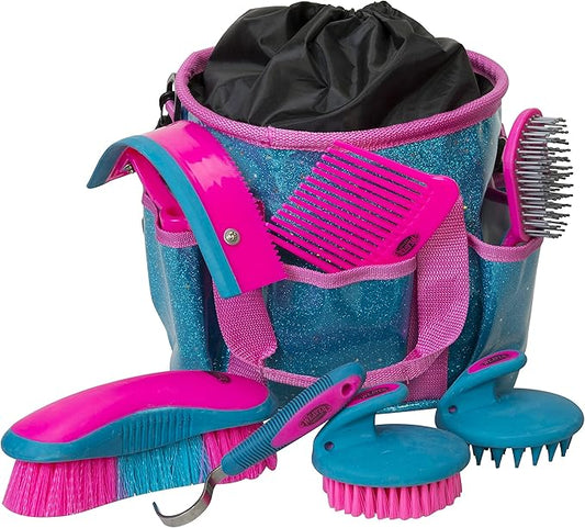 Weaver Leather Horse Grooming Kit, 7-piece Brush Set with Organizer Tote Bag, Equine Care, Grooming Supplies, Blue Glitter