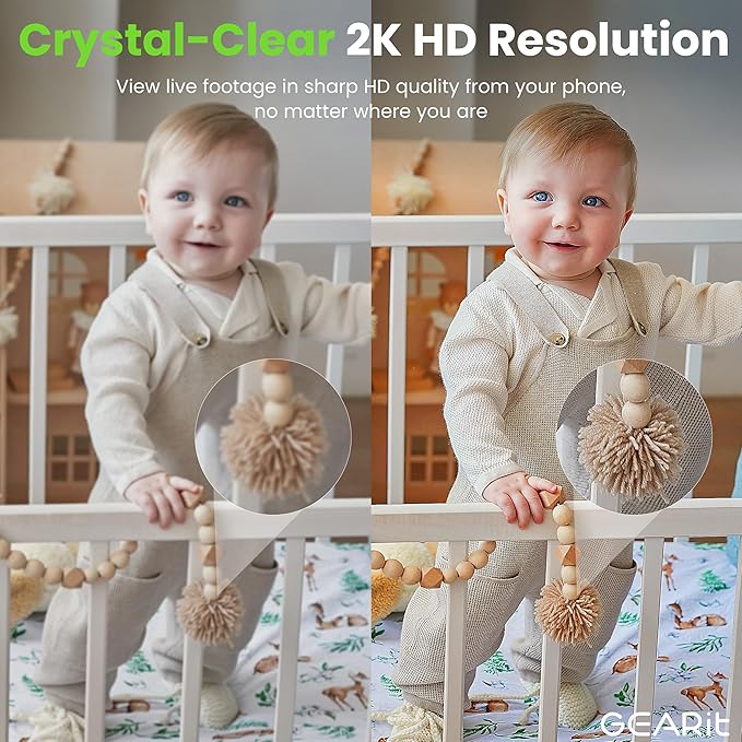 GEARit Baby Monitor with Camera & Audio 2K Video with Motion & Crying Detection, 2 Way Audio Easy WiFi Setup, Remote Monitoring - Easy to Set Crib Monitor with Adjustable Stand