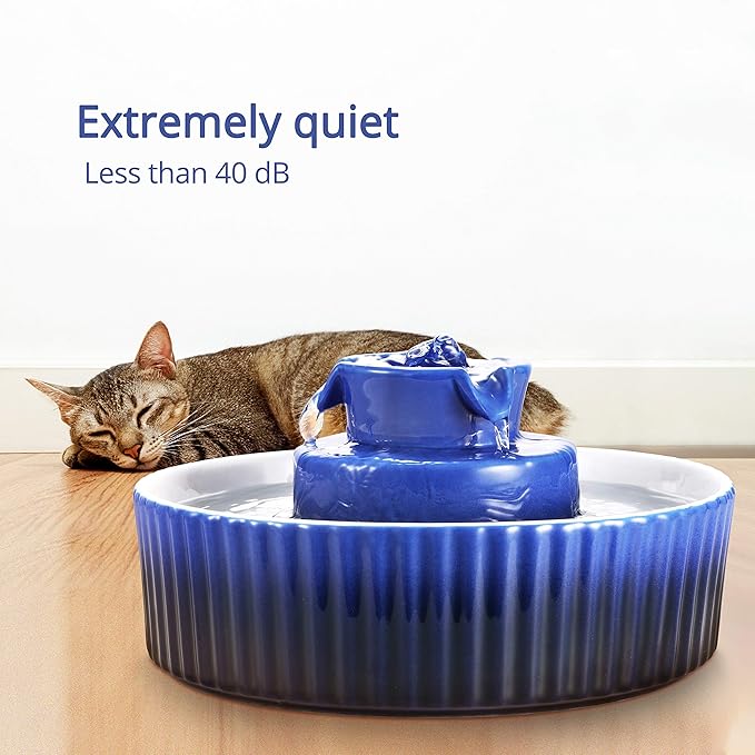 Ceramic Cat Water Fountain, 2.1L/71oz Pet Fountain for Dog and Cat, 3 Carbon Filters and 2 Pumps (Dark Blue)