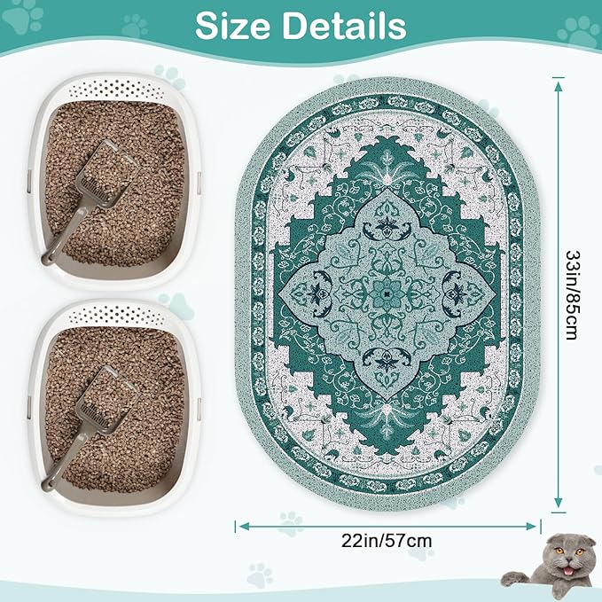 Bienbee Cat Litter Mat, 33" x 22" Large Size Litter Box Mat Rug with Non-Slip Bottom, Easy to Clean Cat Supplies Accessories Essentials for Indoor Kitty Kitten Floor,Green L