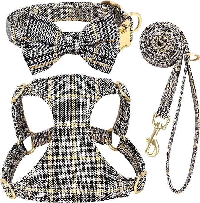Beirui Cute Extra Small Dog Harness Collar and Leash Set with Bowtie, Soft Adjustable Plaid Puppy Harness for Small Sized Dogs Cats Walks Parties and Photoshoots(Gray,XS:Chest 13-18")