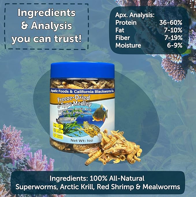 Aquatic Foods Inc. 4-Type Medley Mix of Freeze Dried Superworms, Krill, Red Shrimp, Mealworms for Monster Fish, Reptiles, Turtles, Tortoises, Frogs, Hamsters, Birds, Rodents 5oz Canister