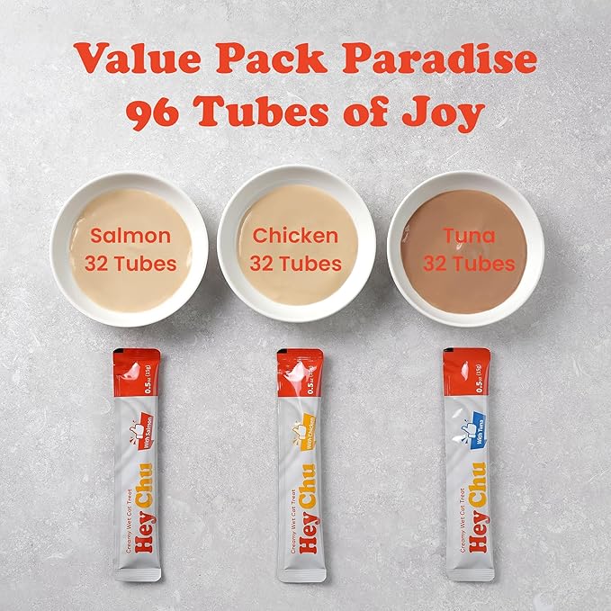 Squeezable Cat Treats, Lickable Puree, Grain-Free, 96 Tubes, Tuna Salmon Chicken, 0.5oz Each Tube