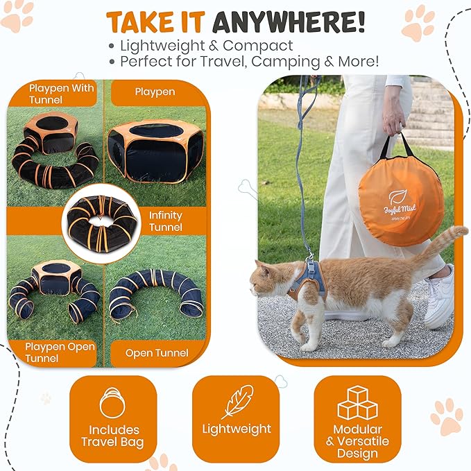 Cat Tent & Tunnel Enclosure – 47" Outdoor Playpen with 106" Tunnel, Water-Resistant Mesh, Zipper Door & Carry Bag – Portable Catio for Cats, Rabbits & Small Pets