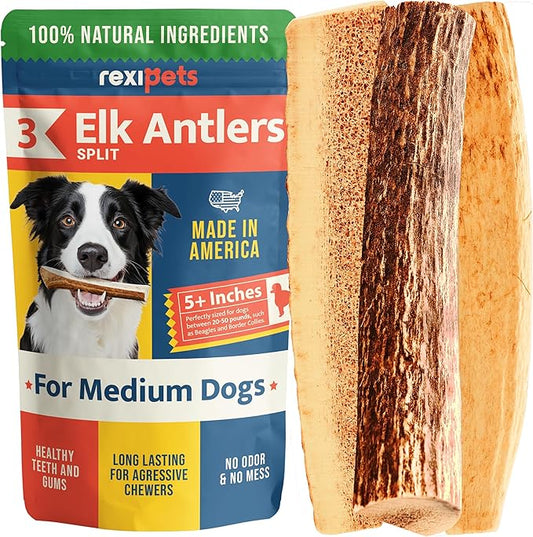 100% Natural - Split Elk Antlers for Dogs ( 3 pack ) - Naturally Shed in USA - Dog Antler Chews Medium Breeds - Natural, Long-Lasting Treats for Aggressive Chewers - No Smell & No Mess - Medium