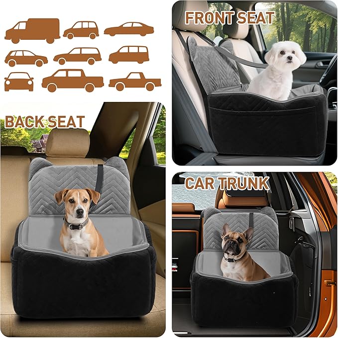 Dog Car Seat for Small Medium Dog Bed with Waterproof Cover Pet Car Booster Seat with Memory Foam for Travel, Grey, 2 Safety Belt