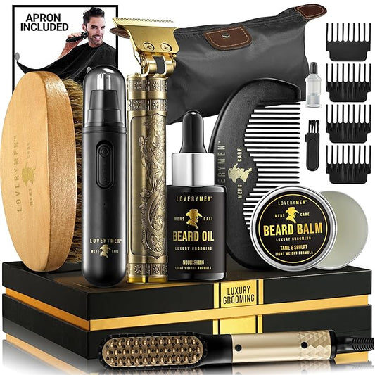 Christmas Gifts for Men, Dad, Him - Mens Grooming Beard Kit, Beard Trimmer, Nose Hair Trimmer, Hair Straightener Brush, Oil, Balm & More, 15pc Beard Kit for Men Care Mens Gift Birthday