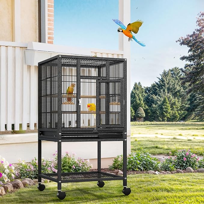 DWVO 41-inch Metal Bird Cage: Large Parrot Cages with Rolling Stand - Features Tray, Food Boxes & Wooden Perches for Parakeets, Lovebirds, Cockatiels, Finches and Pigeons, Black