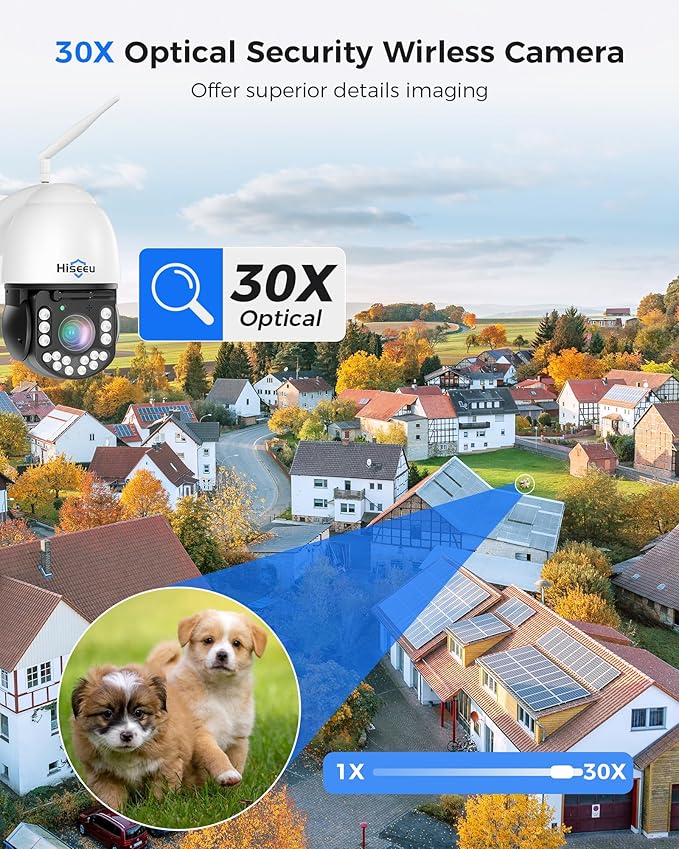 Hiseeu Wireless PTZ Security Camera, 30X Optical Zoom, 250ft HD Color Night Vision, Floodlight, Two-Way Audio, Human Detection, 5G/2.4Ghz WiFi Outdoor Camera, for Home & Business