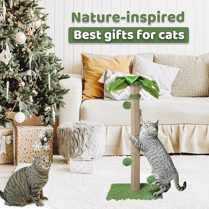 Cat Scratching Post, 34'' Tall Cat Scratchers for Indoor Cats with Hanging Balls, Tall Cute Sisal Kitten Scratch Post with Reinforced Stable Base, Green, Medium