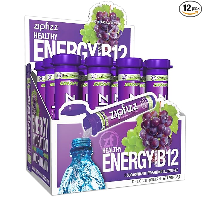 Zipfizz Daily Energy Drink Powder, Grape, 12 Pack | 3-in-1 Sustained Energy, Rapid Hydration, and Essential Vitamins | Sugar-Free | Electrolyte Powder | Contains Vitamin B-12 & Antioxidants