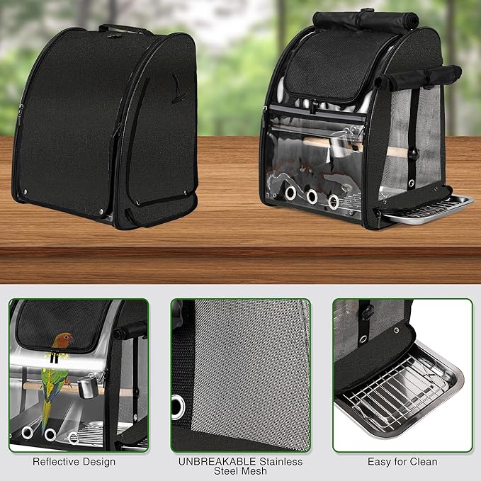 SUERTREE Bird Carrier Bag with Indestructible Stainless Steel Mesh, Bird Travel Cage with Stand, Easy to Clean Backpack for Parrot, Portable Bird Travel Bag, Pet Breathable Travel Cage, Black