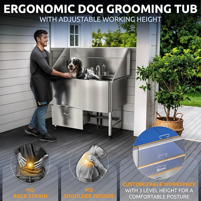 KANIS Professional Dog Washing Station - 304 Stainless Steel Pet Wash Sink & Grooming Bath Tub for Home with Ramp, Shower, Floor Grate, Storage Drawer, Faucet, Drain Kit for Large, Medium & Small Pets
