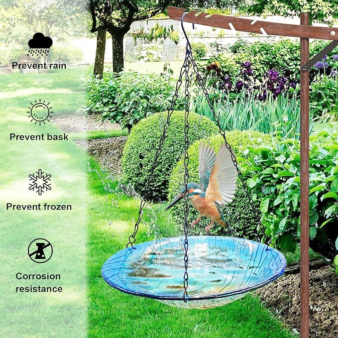 Hanging birdbath, Outdoor Glass birdbath, Bird Feeder with Blue-Orange Texture Pattern for Garden Patio Decoration