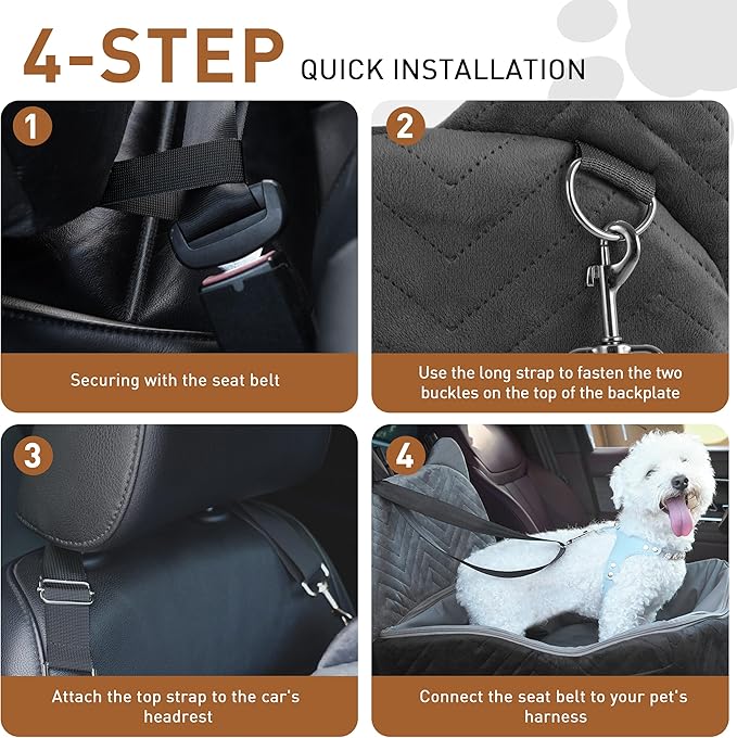 Dog Car Seat for Small Medium Dog Bed with Waterproof Cover Pet Car Booster Seat with Memory Foam for Travel, Grey, 2 Safety Belt