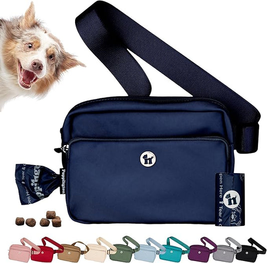 Puppington 3-in-1 Crossbody Dog Walking Bag & Treat Pouch with Matching Planet Safe Poop Bags & Built-In Dispenser - Zippered Pockets (Navy Blue)