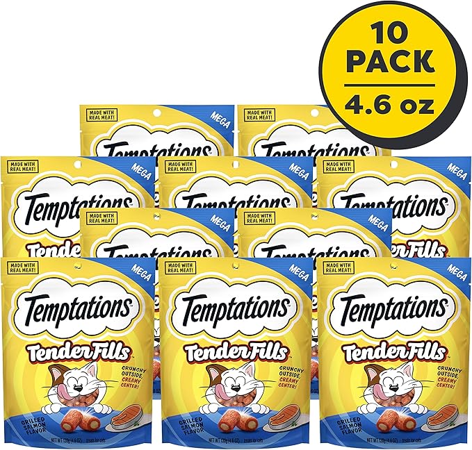 Temptations Tender Fills Crunchy and Soft Adult Cat Treats, Grilled Salmon Flavor, 4.6 oz. Pouch (Pack of 10)