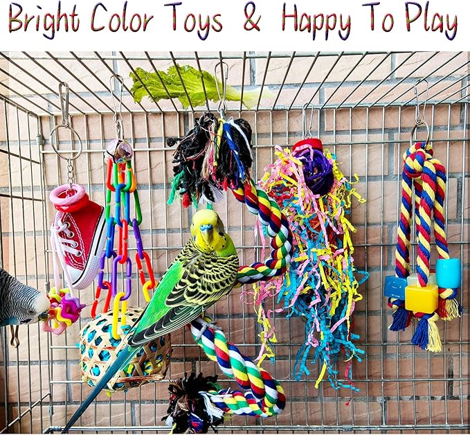 Bird Toys for Parakeet，ESRISE Parrot Conure Chewing Shredding Foraging Toys with Rope Perch, Bird Cage Accessories for Cockatiel Budgies Lovebird