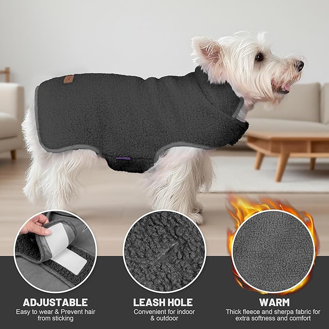 cyeollo Small Dog Coat Sherpa Dog Winter Coat, Reversible Fleece Doggie Jackets Sweater Vest for Small Dogs Male with Leash Hole, Soft Cold Weather Pet Coats, Dark Grey S