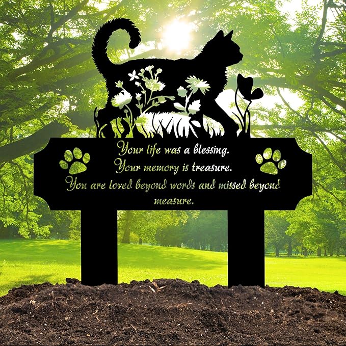 Cat Grave Marker Outdoor Memorial – 12in Metal Pet Memorial Plaque with Garden Cat Silhouette, Weatherproof Headstone for Yard or Indoor Tribute, Sympathy Gift for Loss of Cat