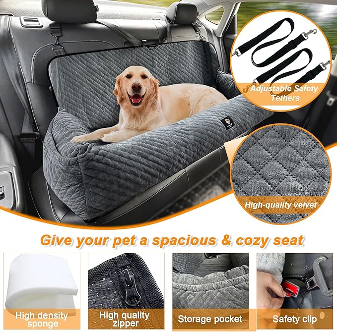 Sephyroth Dog Car Seat for Large Dogs Under 100LBS,Dog Car Bed Washable Pet Travel Safety Car Seat,Super Soft Safe Removable Pet Booster Seat,Fits for All Cars Back Seat-Gray