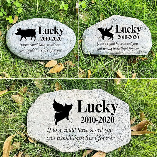 Zatanmulo Personalized Pet Memorial Stone, Garden Memorial Stone Personalized, Dog Headstone, Cat Tombstone, Memorial Plaque Outdoor, Garden Stepping Stone (Pig)