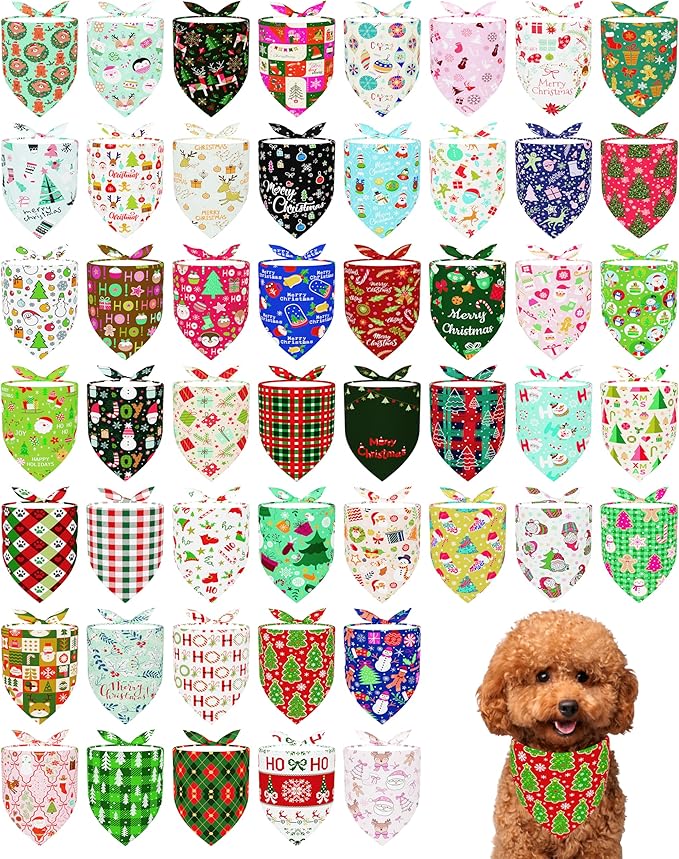 PET SHOW 100 Pack Christmas Dog Bandanas Bulk No Seam Extra Small Dog Scarves XS Xmas Puppy Triangle Bibs Kerchief Set Cats Pet Girl Boy Holiday Party Grooming Accessories, S