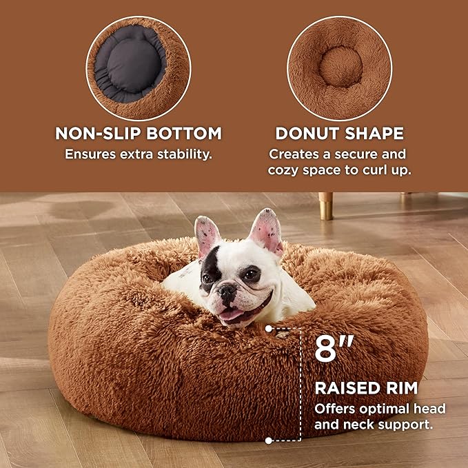 Bedsure Calming Dog Bed for Small Dogs - Donut Washable Small Pet Bed, 23 inches Anti-Slip Round Fluffy Plush Faux Fur Large Cat Bed, Fits up to 25 lbs Pets, Copper