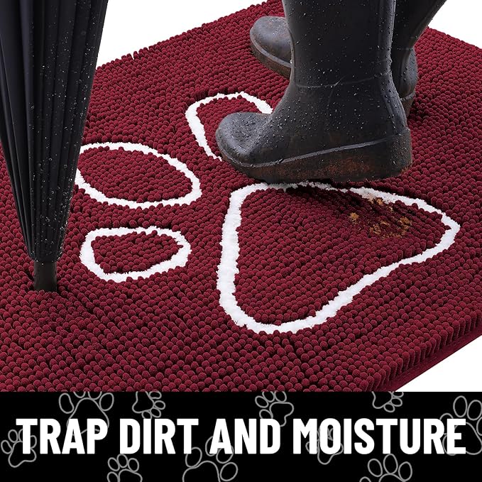 Smiry Dog Door Mat for Muddy Paws, Absorbent Dirt Trapper Non Slip Quick Dry Washable Chenille Mat for Mud Dogs, Entry Rug for Indoor and Outdoor (70x24 Inches, Burgundy)