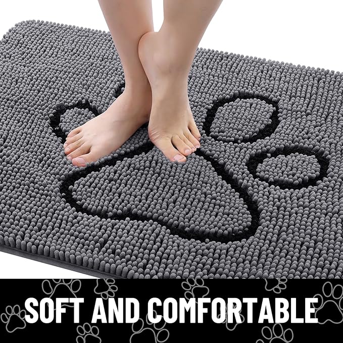 Smiry Dog Door Mat for Muddy Paws, Absorbent Dirt Trapper Non Slip Quick Dry Washable Chenille Mat for Mud Dogs, Entry Rug for Indoor and Outdoor (36x24 Inches, Dark Grey and Black)