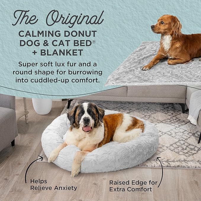 Best Friends by Sheri Bundle Set The Original Calming Lux Donut Cuddler Cat and Dog Bed + Pet Throw Blanket, Gray, Extra Large, 45x45