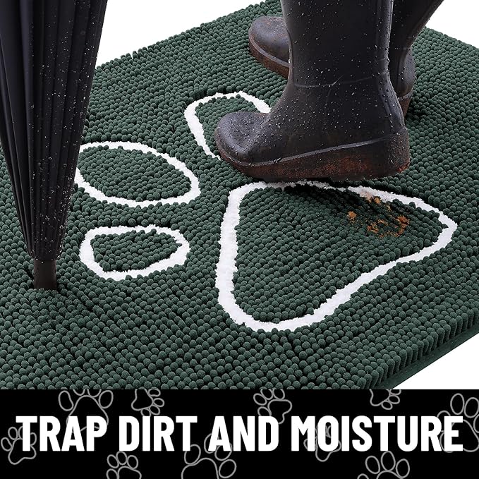 Smiry Dog Door Mat for Muddy Paws, Absorbent Dirt Trapper Non Slip Quick Dry Washable Chenille Mat for Mud Dogs, Entry Rug for Indoor and Outdoor (70x24 Inches, Green)