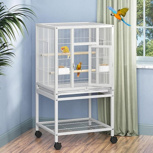DWVO 41-inch Metal Bird Cage: Large Parrot Cages with Rolling Stand - Features Tray, Food Boxes & Wooden Perches for Parakeets, Lovebirds, Cockatiels, Finches and Pigeons, White