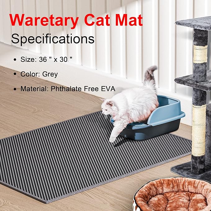 Cat Litter Box Mat: 36"x 30" Waterproof Kitty Cat Litter Trapping Mat, Easy-clean Double-layer Scatter Control Pad Rug (Grey)