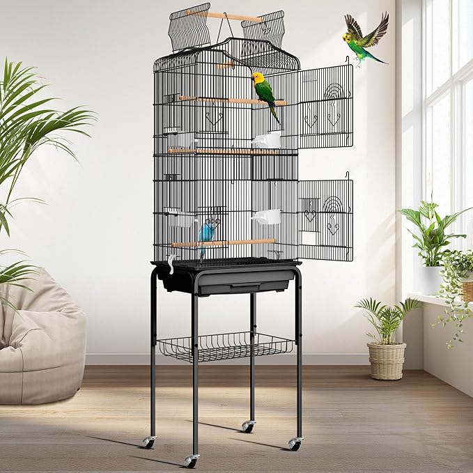 VIVOHOME 64 Inch Bird Cage with Play Top and Rolling Stand for Parrots Conures Lovebird Cockatiel Parakeets Black