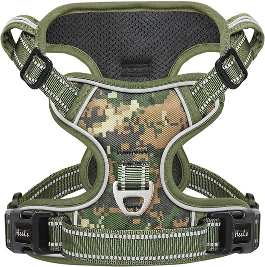 HEELE Dog Harness, No Pull Adjustable Padded Reflective Harness for Small Medium Large Dogs with Handle for Walking Training, Camo Green, S
