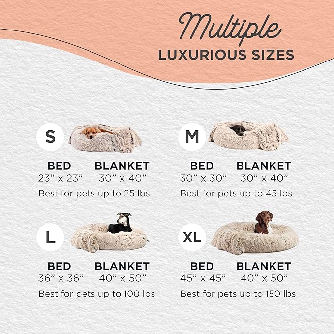 Best Friends by Sheri Bundle Set The Original Calming Shag Donut Cuddler Cat and Dog Bed + Pet Throw Blanket, Taupe, Medium 30x30