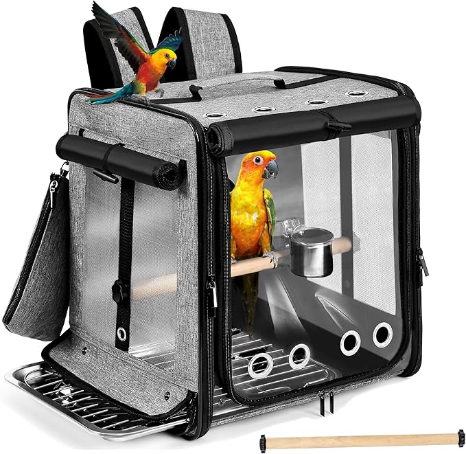 Sanmoncare Bird Carrier for Car Travel with Seat Belt, Indestructible Stainless Steel Mesh Parrot Backpack Travel Cage
